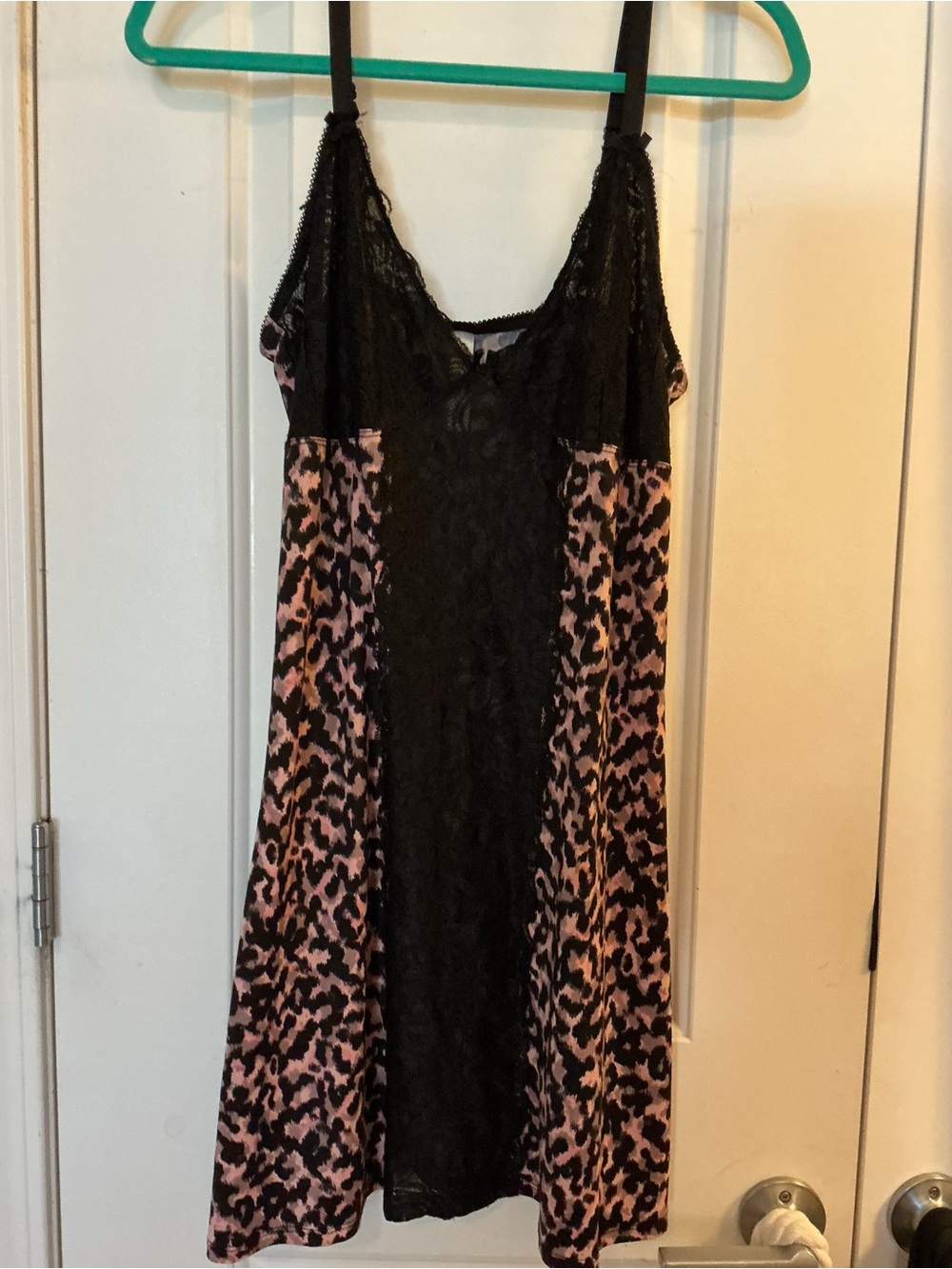 Adrienne Vittadini Lace-Front Pink Leopard Slip Sleep Dress 1X Runs Small